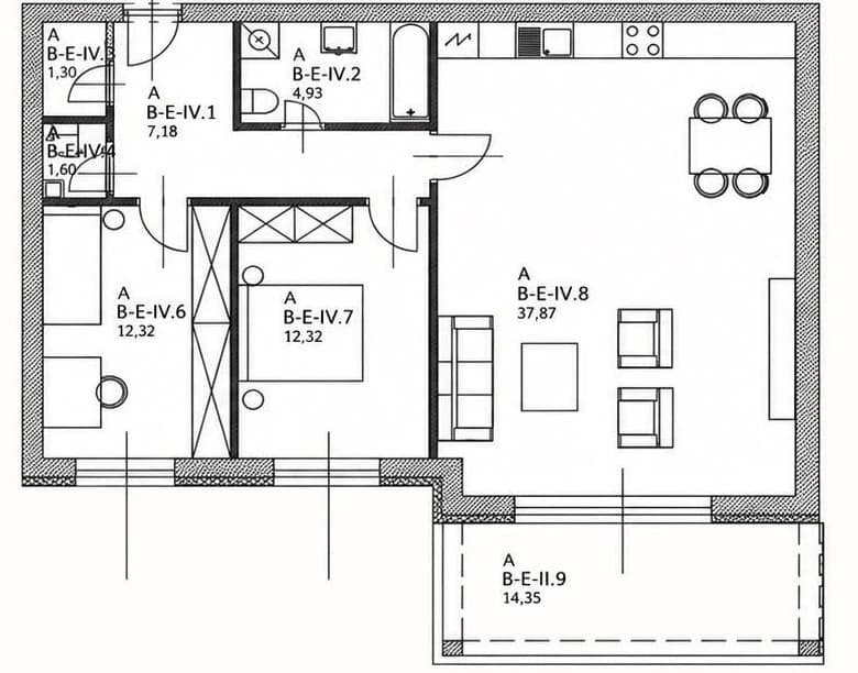 A háromszobás mintalakás eredeti alaprajza a projektmelléklet 6. oldaláról