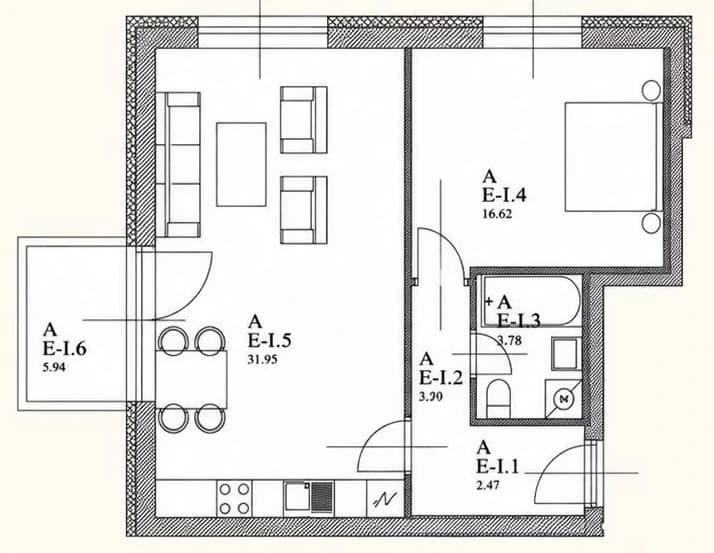A kétszobás mintalakás eredeti alaprajza a projektmelléklet 5. oldaláról