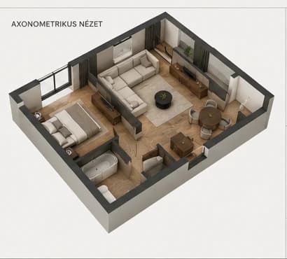 Az A-2.01 lakás berendezett axonometrikus nézete