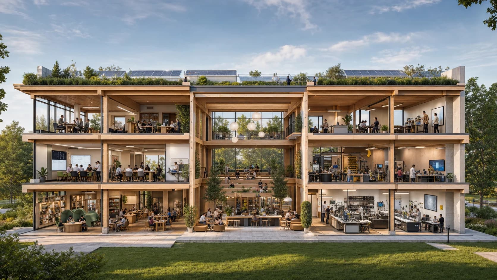 Háromszintes fa- és üvegszerkezetű oktatási campus metszeti látványa tantermekkel, átriummal, könyvtárral és innovációs laborokkal