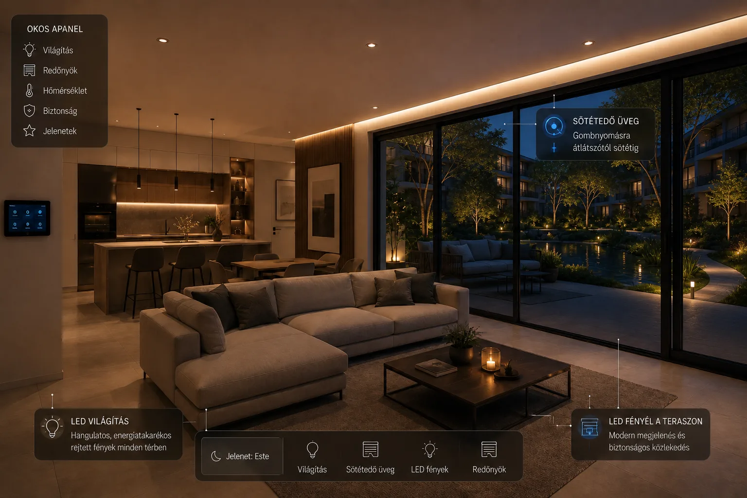 Smart Home koncepciót illusztráló modern nappali, kilátással a belső parkra és a központi tóra